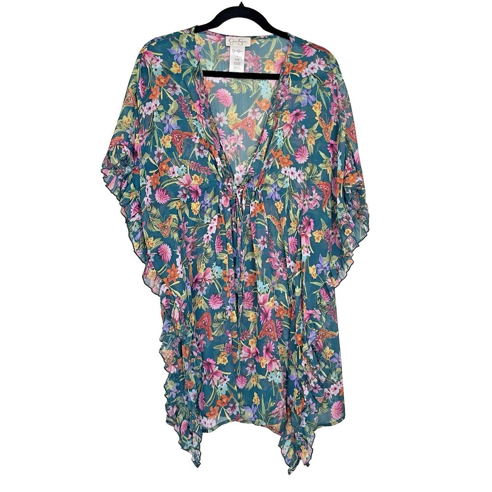 Vibrant Colorful Tropical Flower Print Sheer Mesh Cover Up Sz S Pool Beach Boho